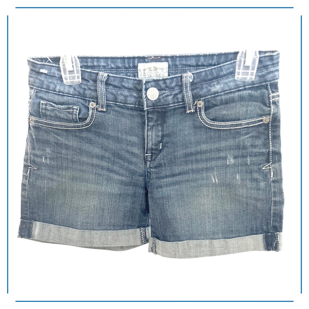 Aeropostale Womens Dark Wash Denim Cuffed Jean Short Size 1/2 Contrast Stitching